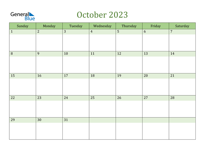 October 2023 Calendar (PDF Word Excel)