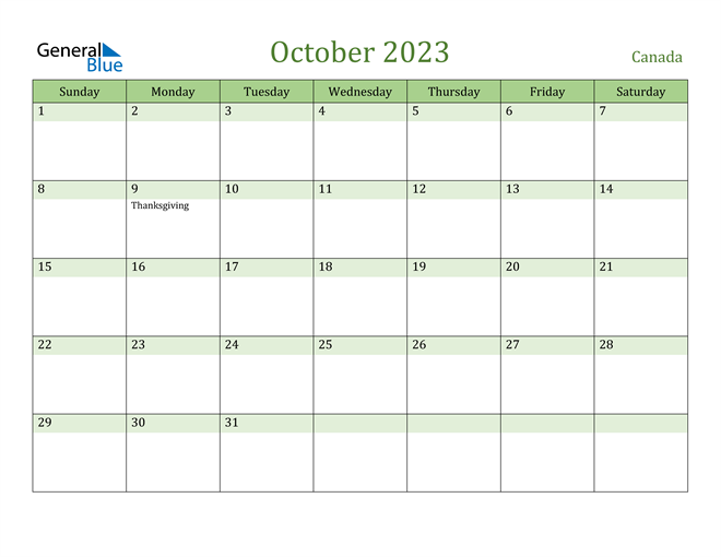 Free Printable Calendar October 2023 Canada
