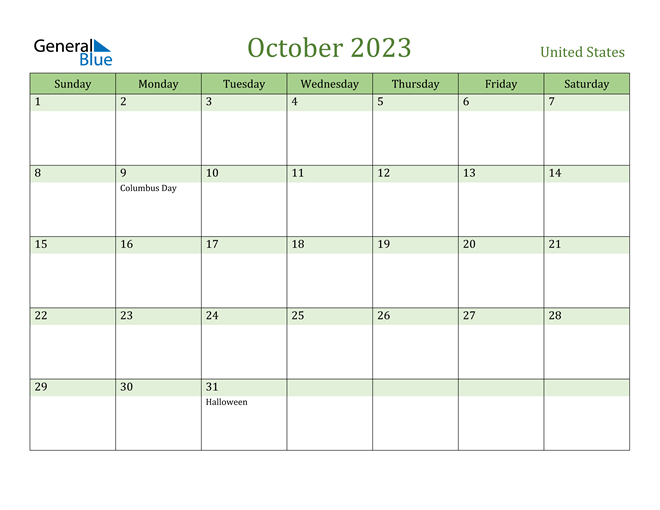 October 2023 Calendar with United States Holidays