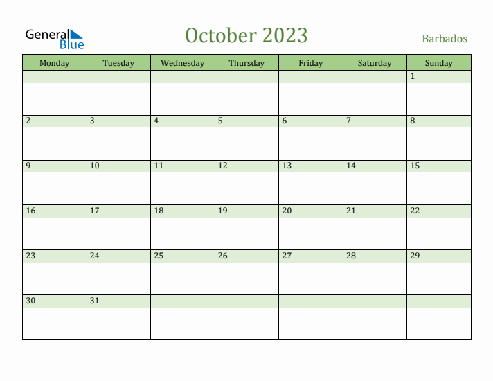 October 2023 Calendar with Barbados Holidays