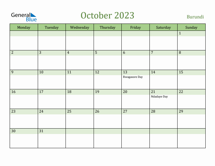 October 2023 Calendar with Burundi Holidays
