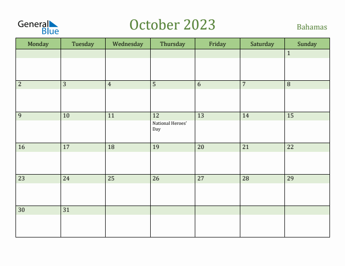 October 2023 Calendar with Bahamas Holidays
