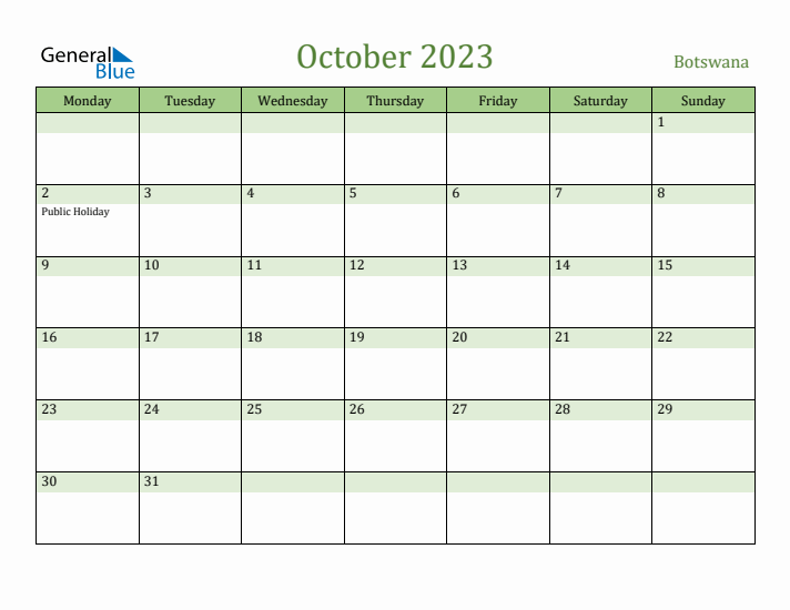 October 2023 Calendar with Botswana Holidays