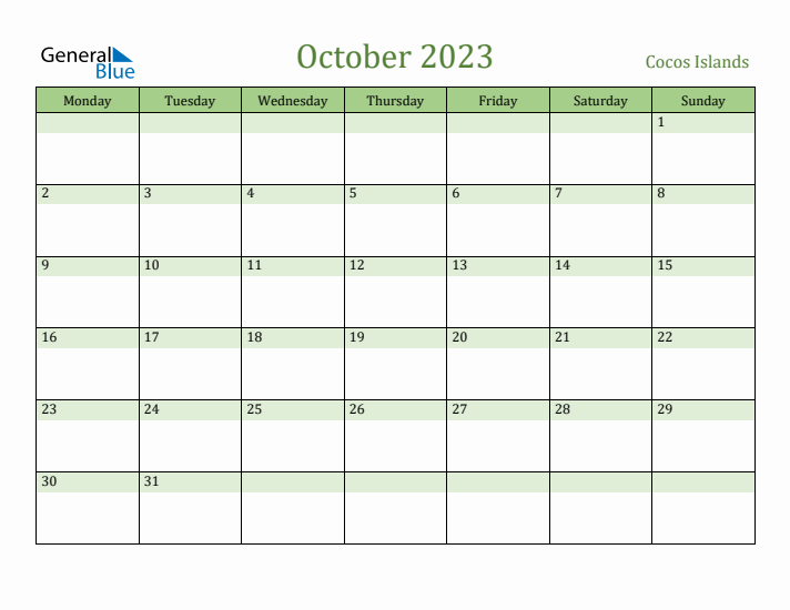 October 2023 Calendar with Cocos Islands Holidays