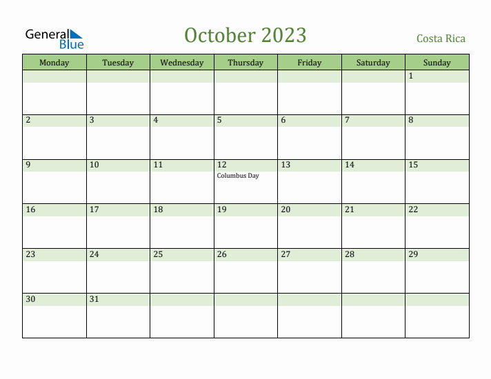 October 2023 Calendar with Costa Rica Holidays