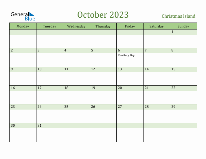 October 2023 Calendar with Christmas Island Holidays