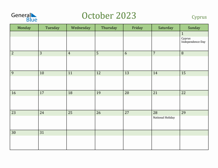 October 2023 Calendar with Cyprus Holidays