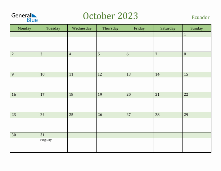 October 2023 Calendar with Ecuador Holidays