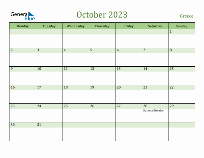 October 2023 Calendar with Greece Holidays