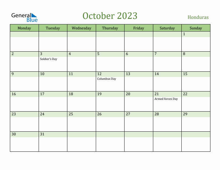 October 2023 Calendar with Honduras Holidays