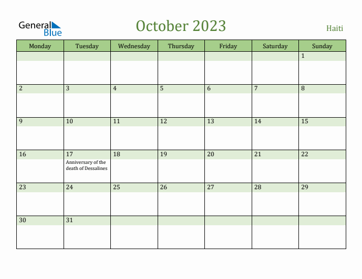 October 2023 Calendar with Haiti Holidays