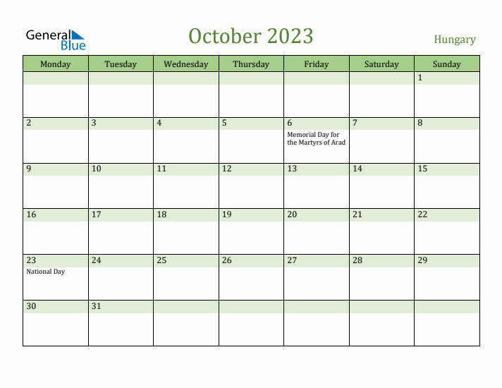 October 2023 Calendar with Hungary Holidays