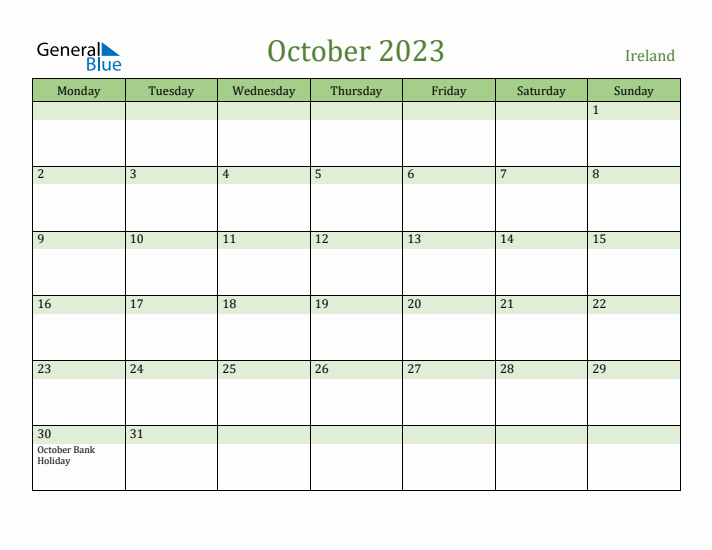 October 2023 Calendar with Ireland Holidays