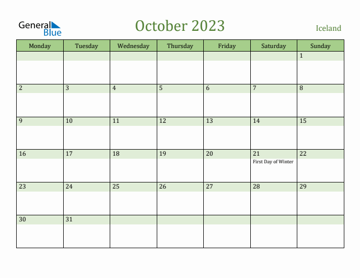 October 2023 Calendar with Iceland Holidays