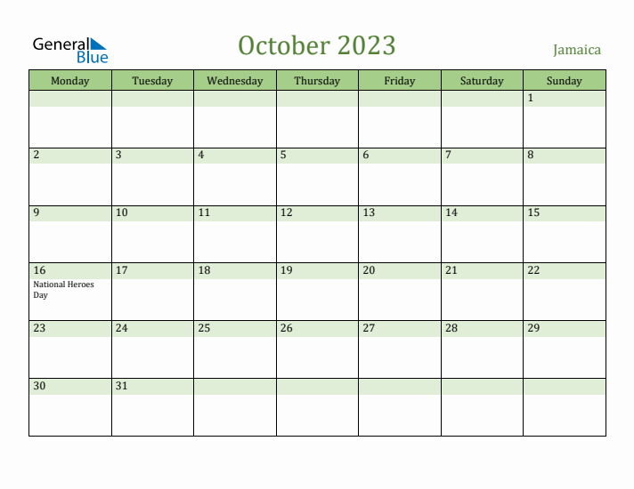 October 2023 Calendar with Jamaica Holidays