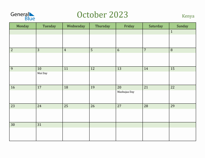 October 2023 Calendar with Kenya Holidays