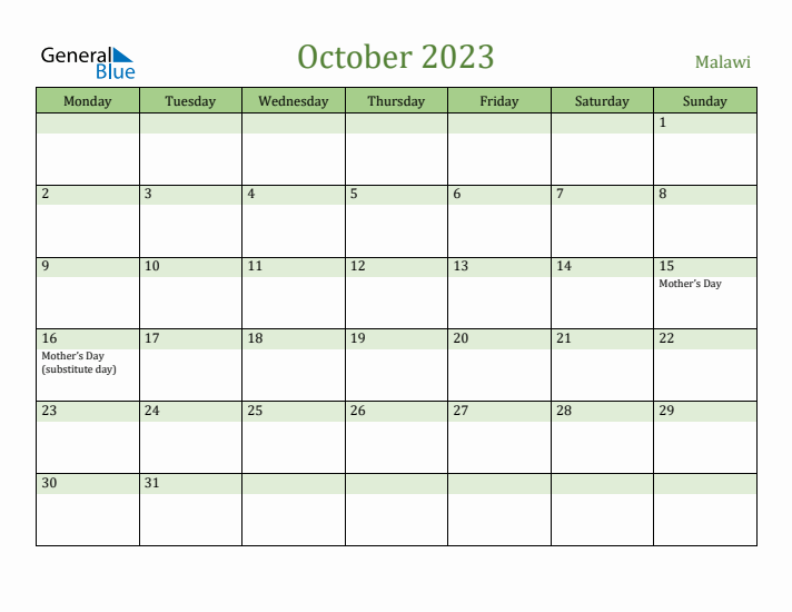 October 2023 Calendar with Malawi Holidays