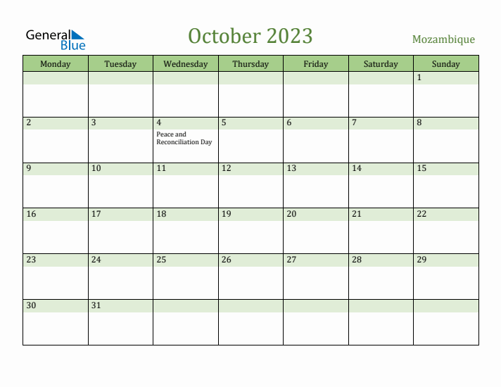 October 2023 Calendar with Mozambique Holidays