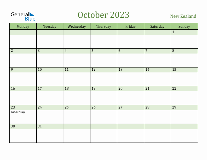October 2023 Calendar with New Zealand Holidays