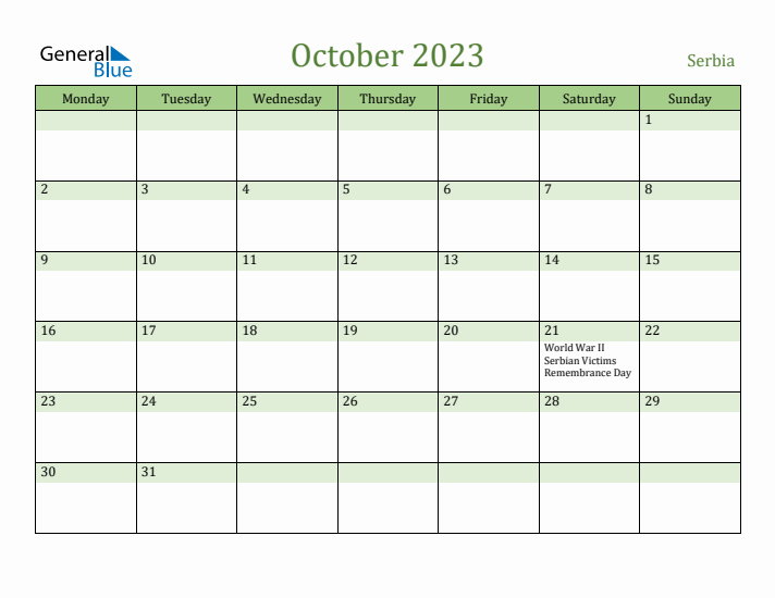 October 2023 Calendar with Serbia Holidays