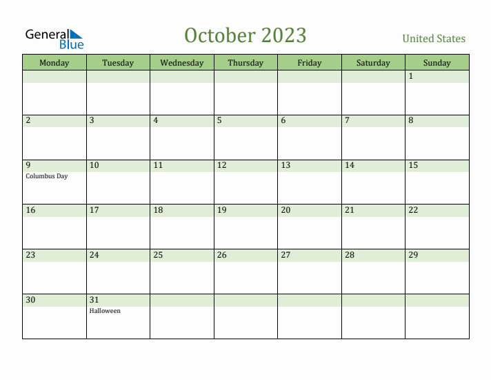 October 2023 Calendar with United States Holidays