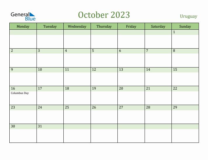 October 2023 Calendar with Uruguay Holidays
