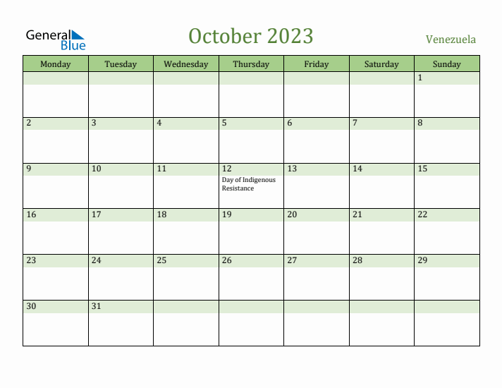 October 2023 Calendar with Venezuela Holidays