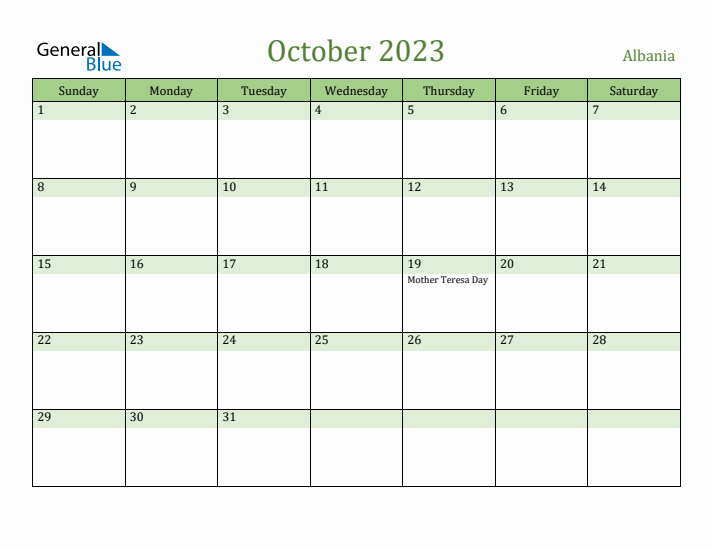 October 2023 Calendar with Albania Holidays