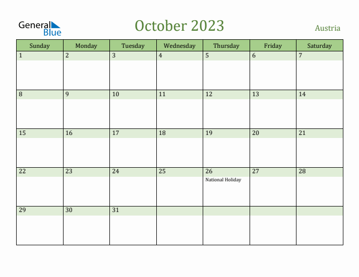 October 2023 Calendar with Austria Holidays