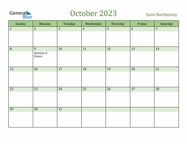 October 2023 Calendar with Saint Barthelemy Holidays