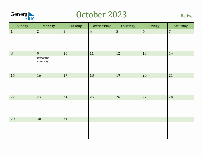 October 2023 Calendar with Belize Holidays