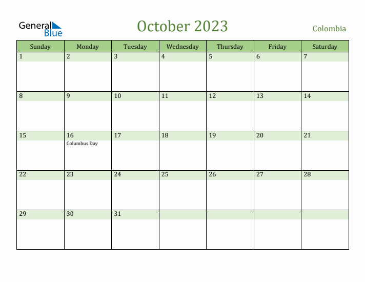 October 2023 Calendar with Colombia Holidays