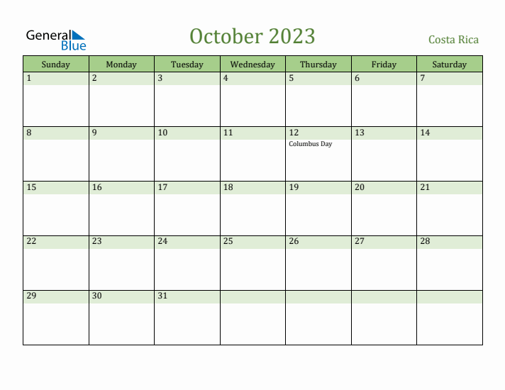 October 2023 Calendar with Costa Rica Holidays