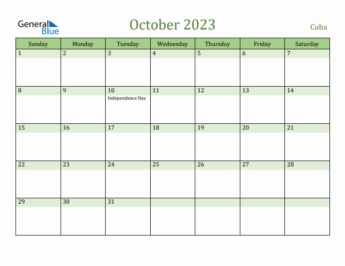 October 2023 Calendar with Cuba Holidays