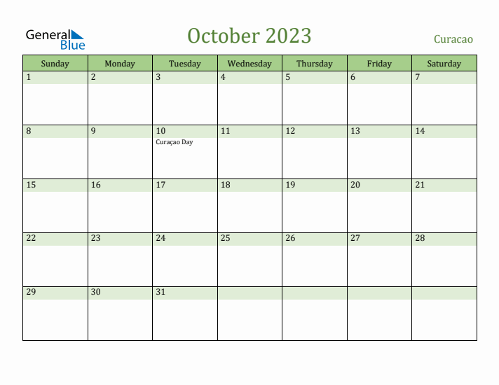 October 2023 Calendar with Curacao Holidays