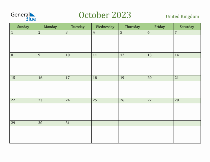 October 2023 Calendar with United Kingdom Holidays
