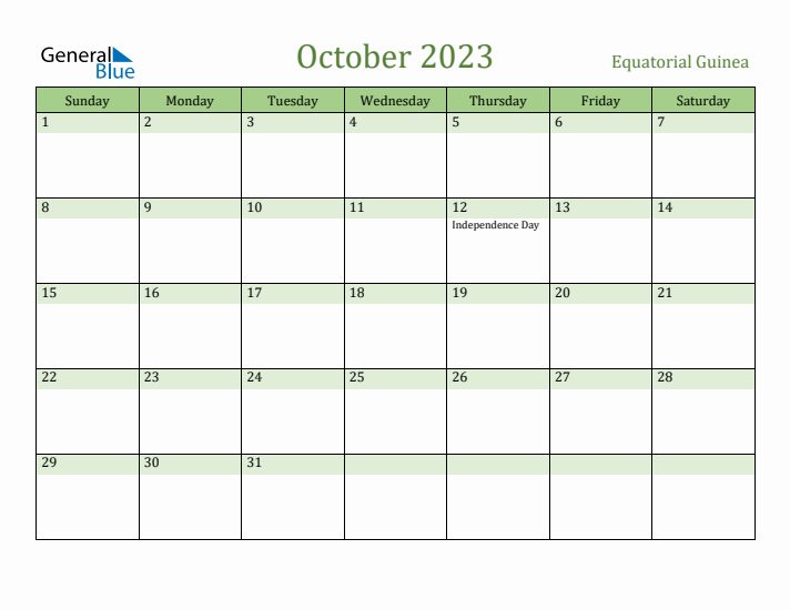 October 2023 Calendar with Equatorial Guinea Holidays