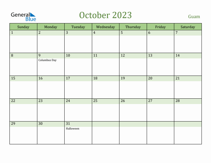 October 2023 Calendar with Guam Holidays