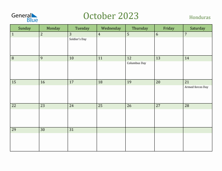 October 2023 Calendar with Honduras Holidays