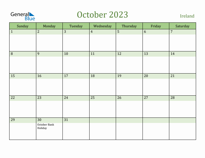 October 2023 Calendar with Ireland Holidays