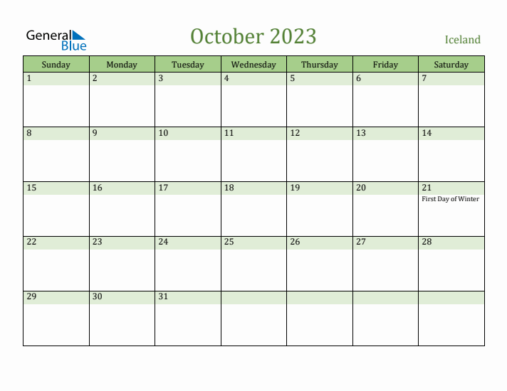October 2023 Calendar with Iceland Holidays