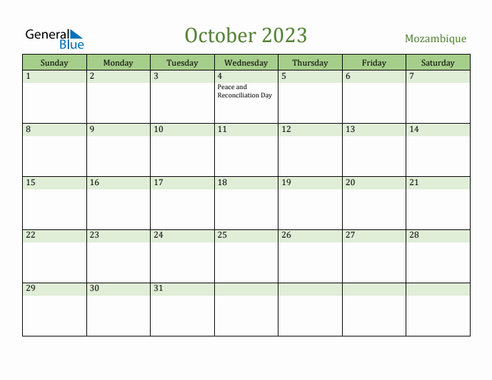 October 2023 Calendar with Mozambique Holidays