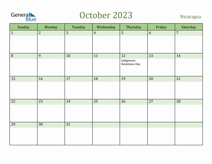 October 2023 Calendar with Nicaragua Holidays
