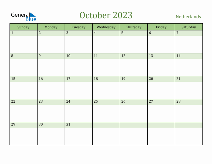 October 2023 Calendar with The Netherlands Holidays