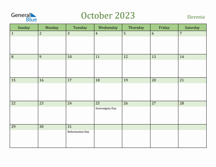 October 2023 Calendar with Slovenia Holidays