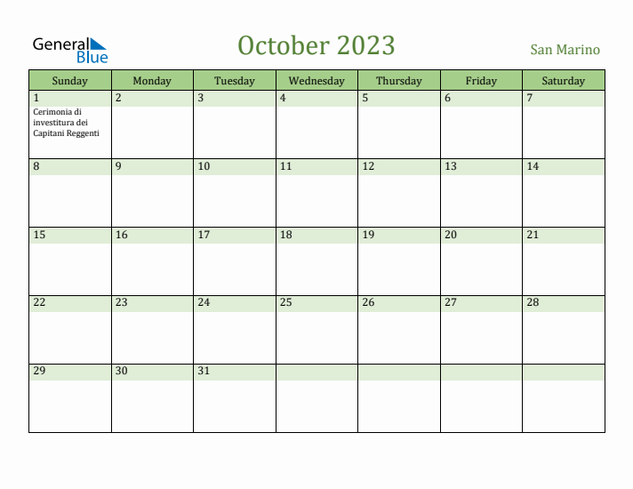 October 2023 Calendar with San Marino Holidays