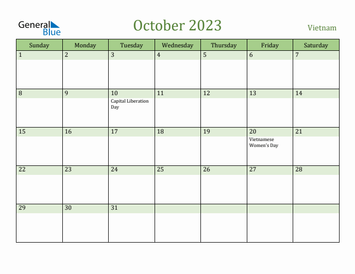 October 2023 Calendar with Vietnam Holidays