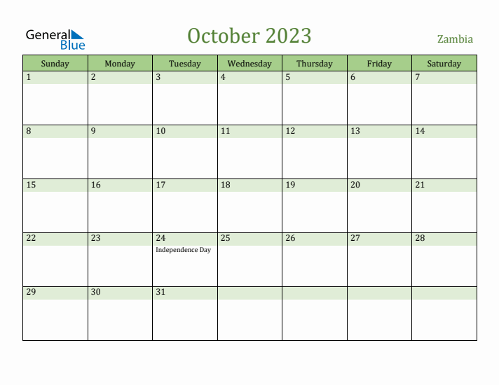 October 2023 Calendar with Zambia Holidays