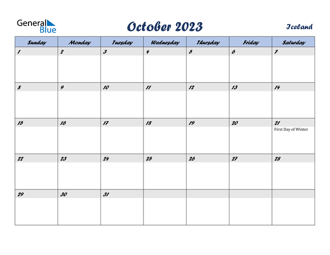 Iceland October 2023 Calendar with Holidays
