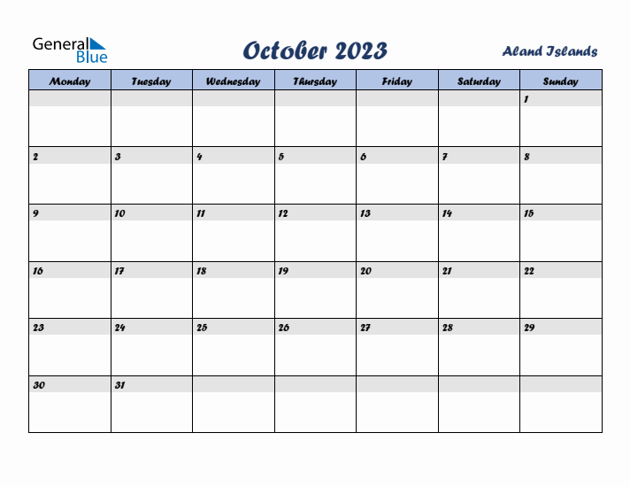 October 2023 Calendar with Holidays in Aland Islands